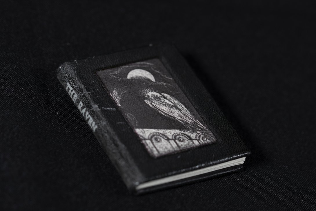 A closed book with a black cover and a sketched illustration of a raven on a fence framed in the front. The words 'The Raven' are printed on the spine.