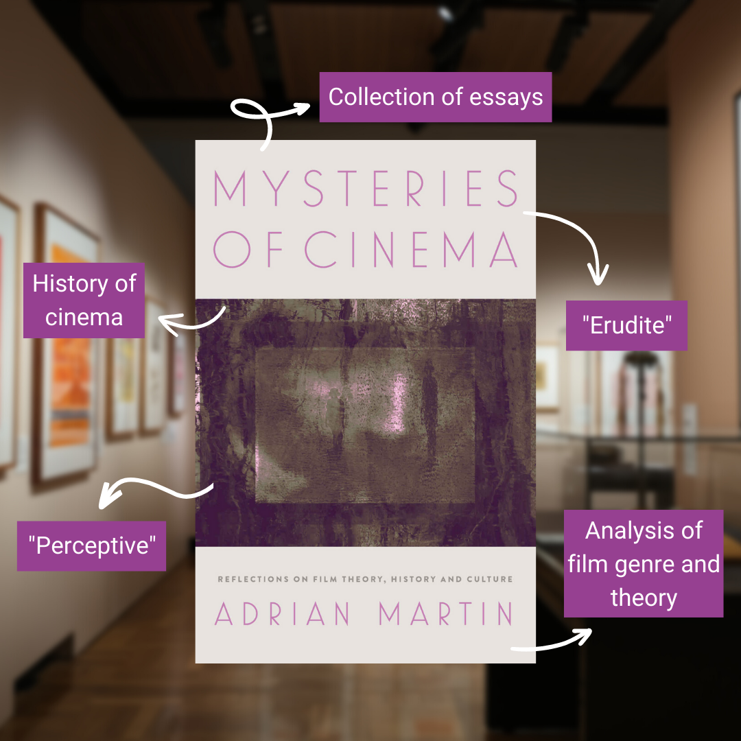Cover of Adrian Martin's book Mysteries of Cinema with annotations reading collection of essays, history of cinema, erudite, perceptive and analysis of film genre and theory