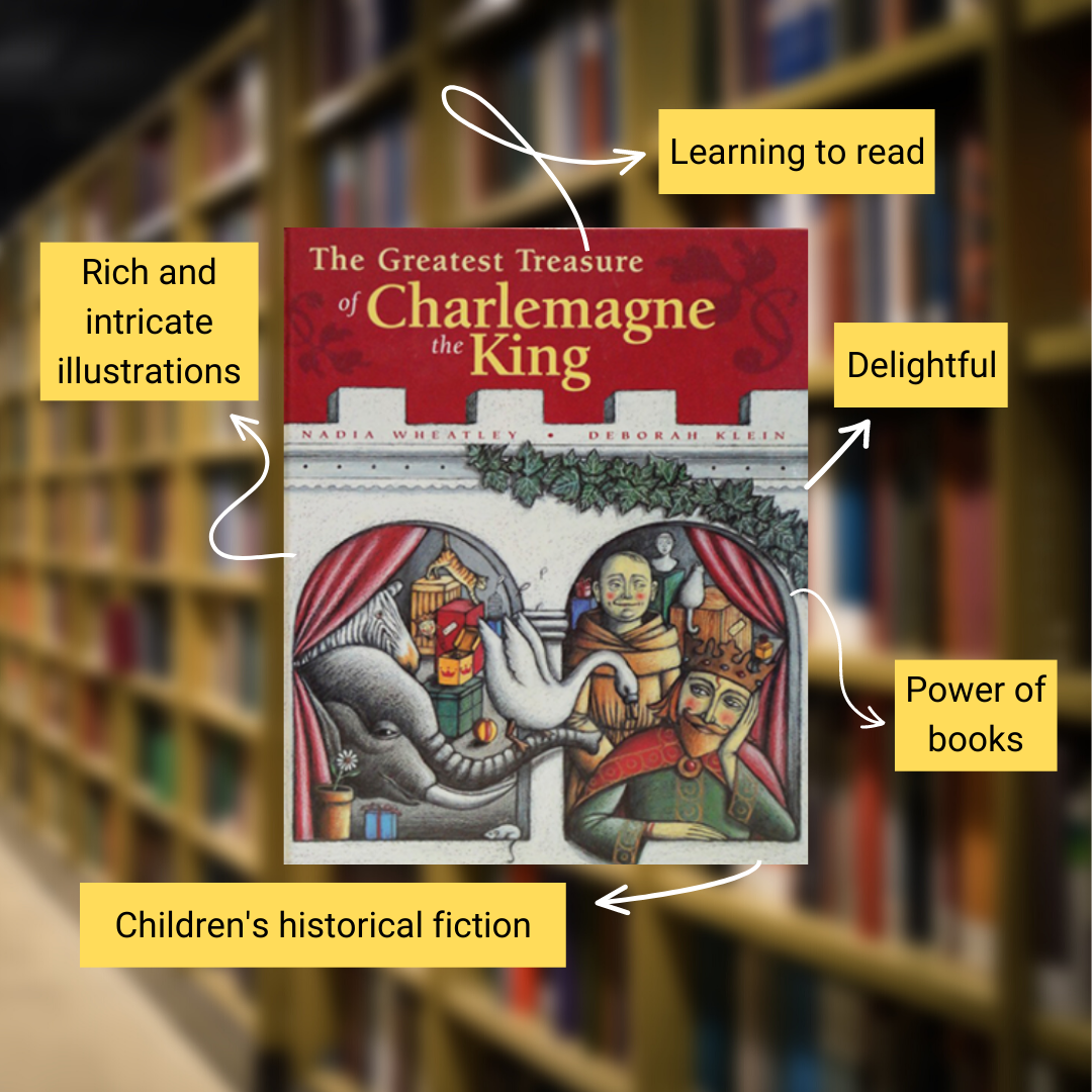 Cover of The Greatest Treasure of Charlemagne the King by Nadia Wheatley with annotations reading rich and intricate illustrations, children’s historical fiction, learning to read, delightful and power of books 