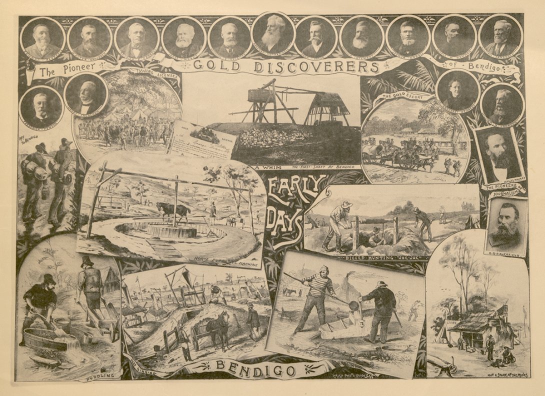 A sepia image combining several drawings depicting the gold rush with the words 'The Pioneer gold discoveries of Bendigo, Early Days'