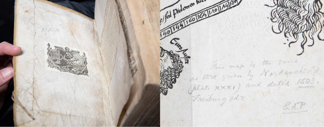 Bookplate in old book and close up of an annotation signed 'E.A.P.'