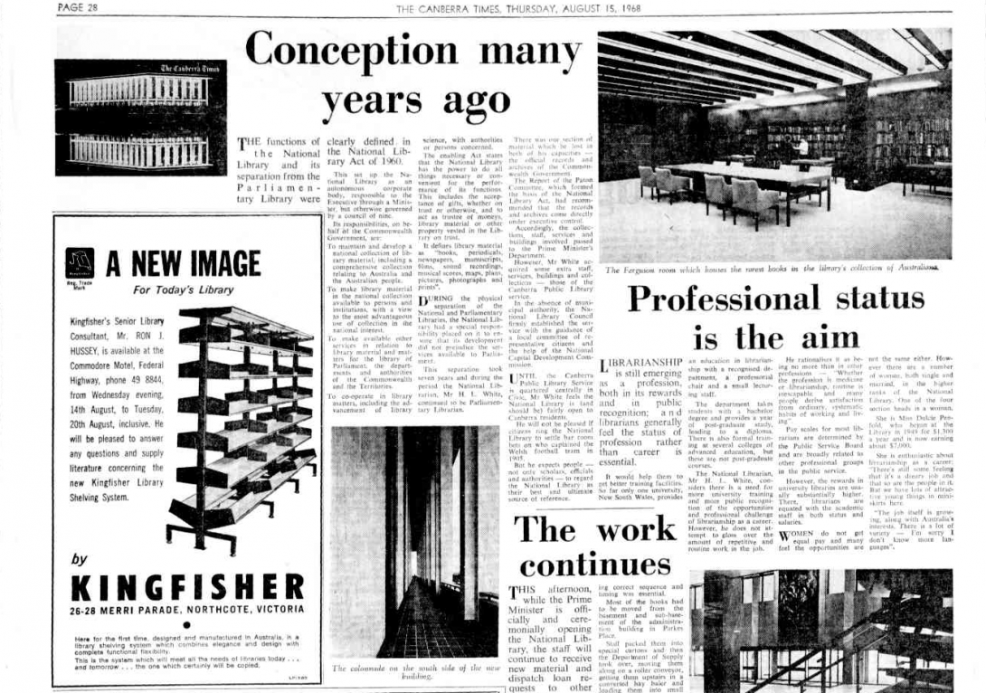 Top half of page of newspaper, featuring articles with the headings ' Conception many years ago', 'Professional status is the aim' and 'The work continues' with images of the National Library interior and exterior and an advertisement for shelves