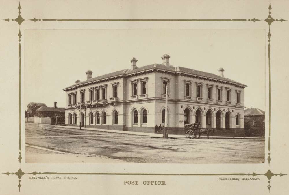Old photograph of two-story building with lots of windows and several chimneys and a horse and carriage out the front. Around the photo is a art deco style border and text reading 'POST OFFICE' at the bottom