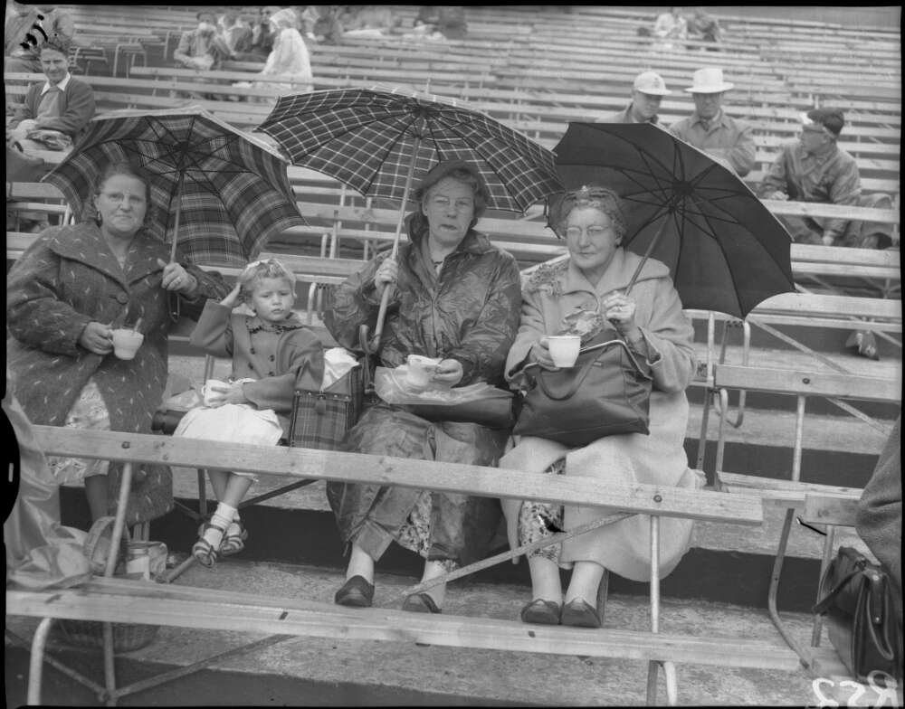 Three woman and a small girl sitting in the stands of a sports stadium wearing coats, drinking tea and holding umbrellas
