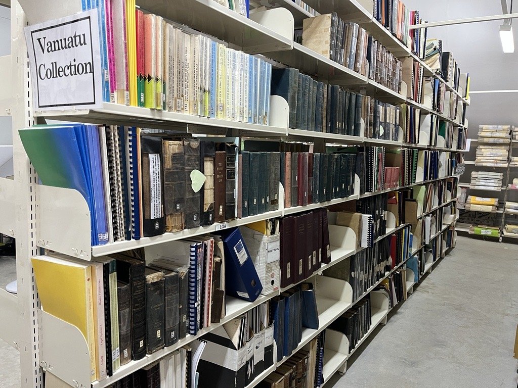 Shelves of books and collection material in storage 