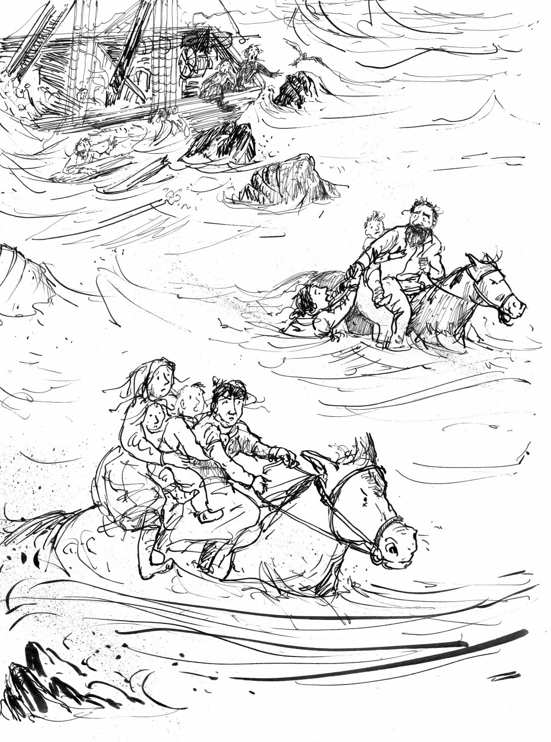 Sketch of adults and children riding horses through water and away from a sinking ship