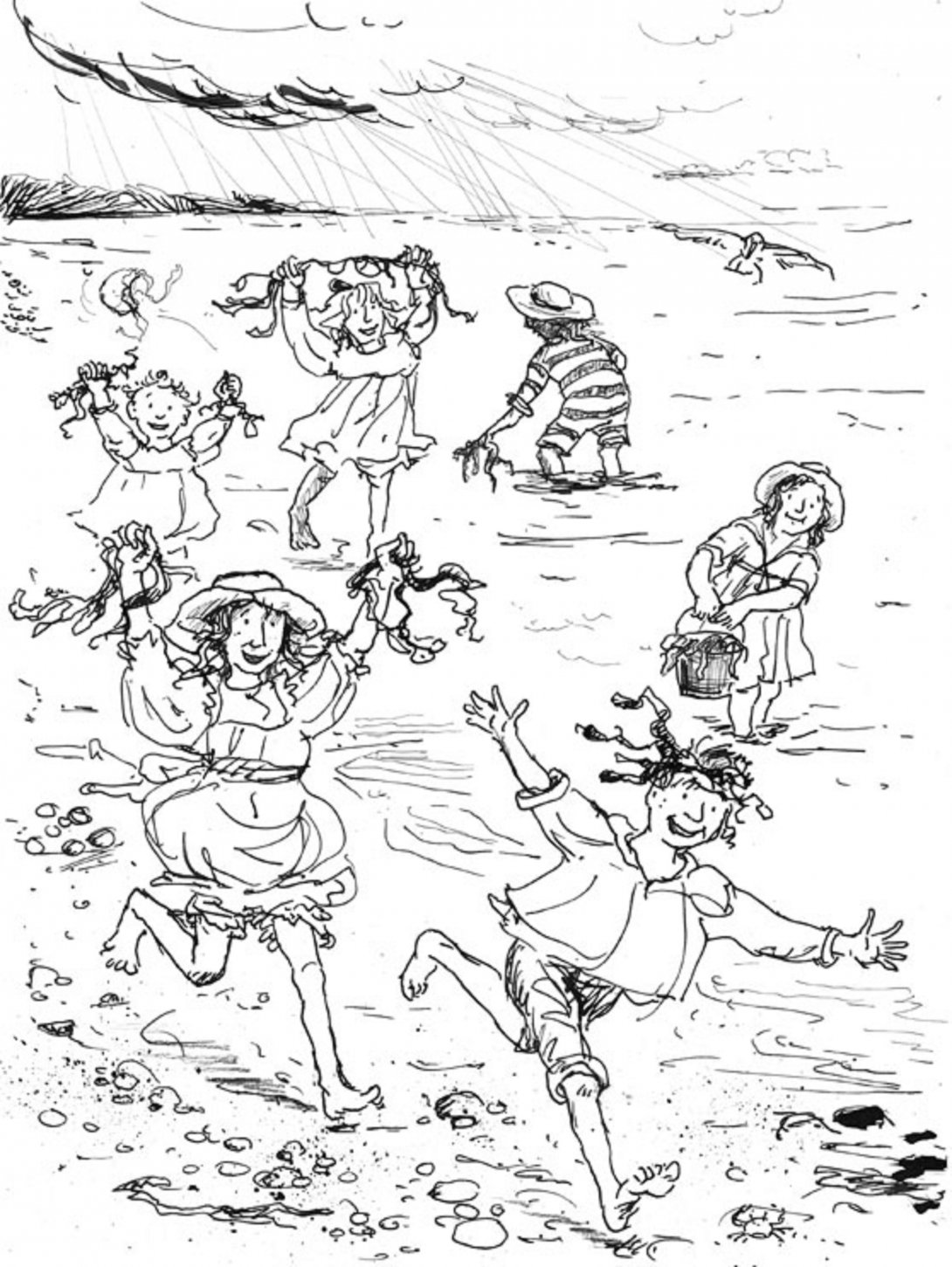 Sketch of children of various ages running and playing along the shore of the beach