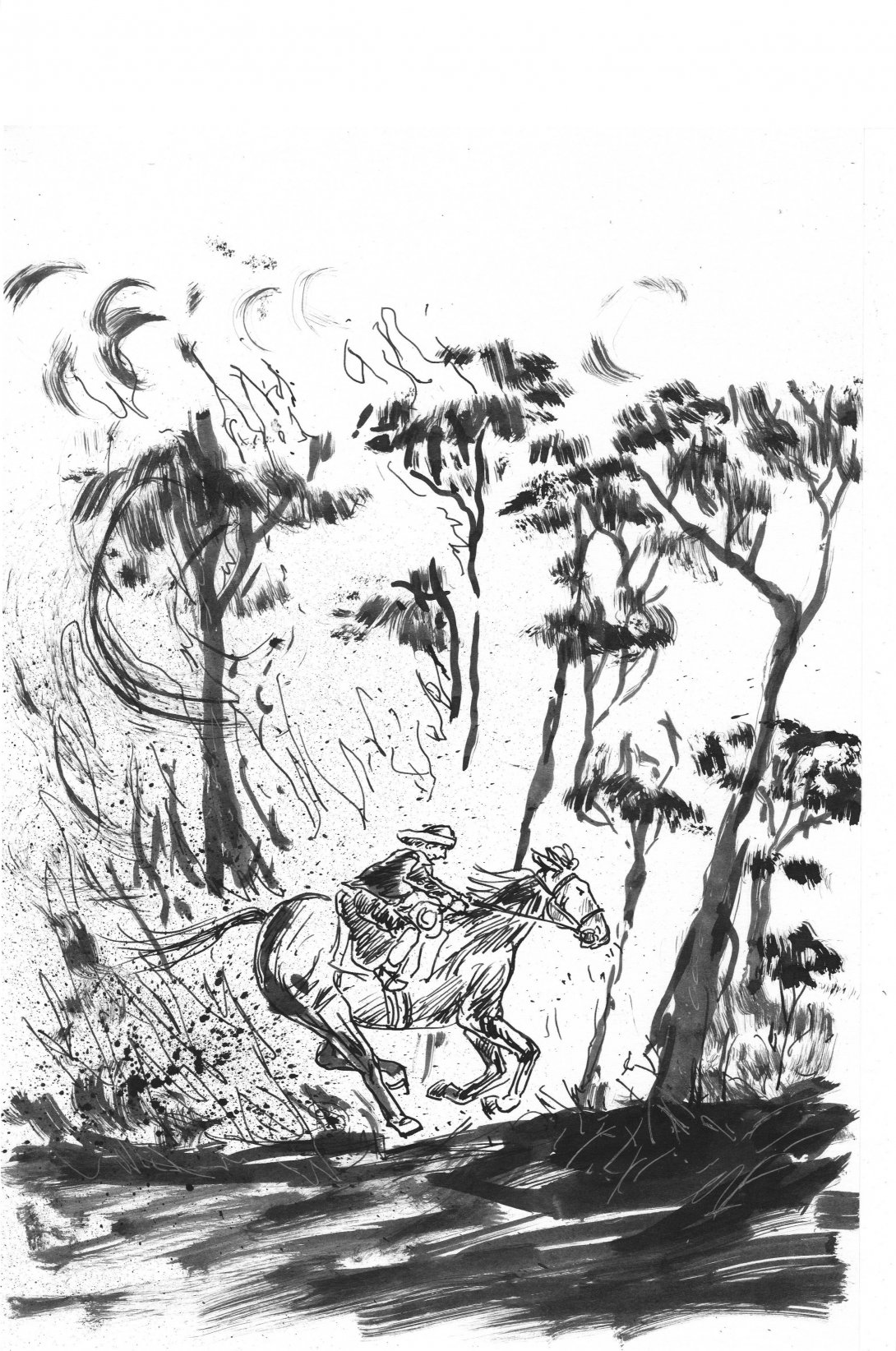 Sketch of boy riding a horse through a forrest fire