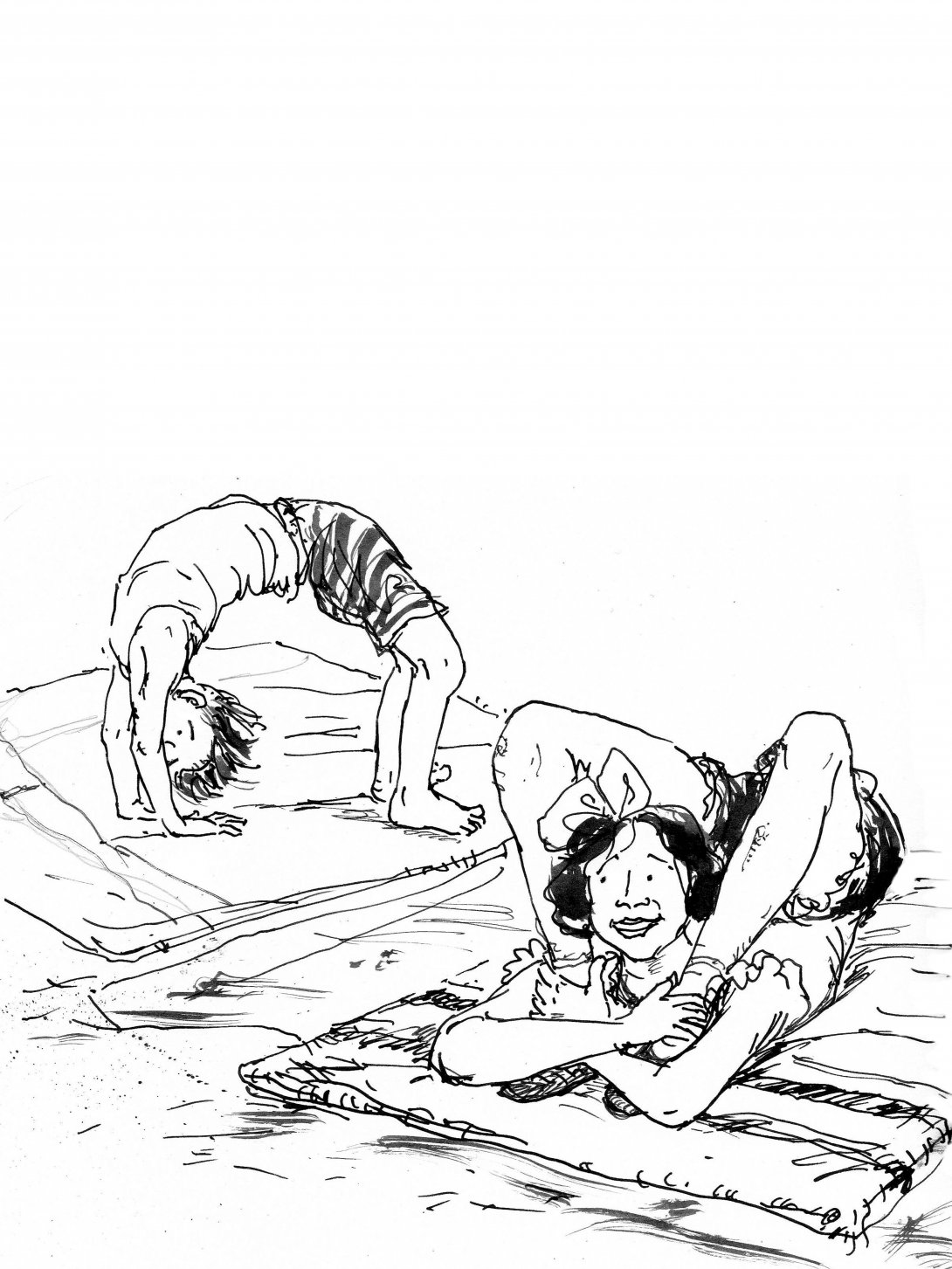 Sketch of two kids on small mats contorting themselves. One is in 'bridge' position with their hands and feet on the ground and holding their chest and hips up, while the other has her ankles over her shoulders under her chin with
