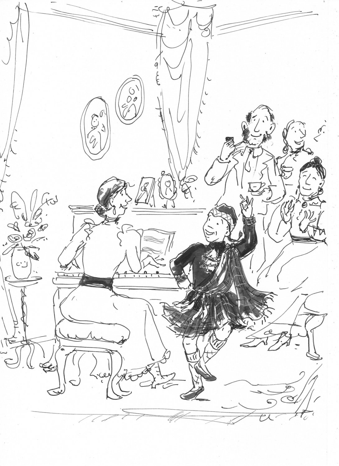 Sketch  of a boy dancing next to a piano being played by a woman in a long dress. Behind the piano are three other adults listening to the piano and watching him dance