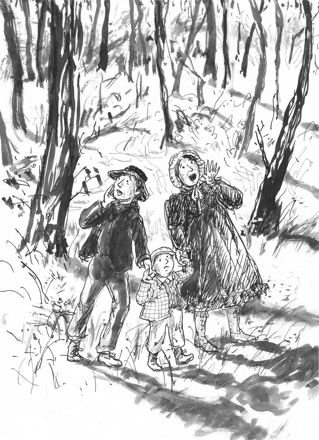 Sketch of a man, woman and child in a forest. The adults each have a hand around their mouths and appear to be yelling