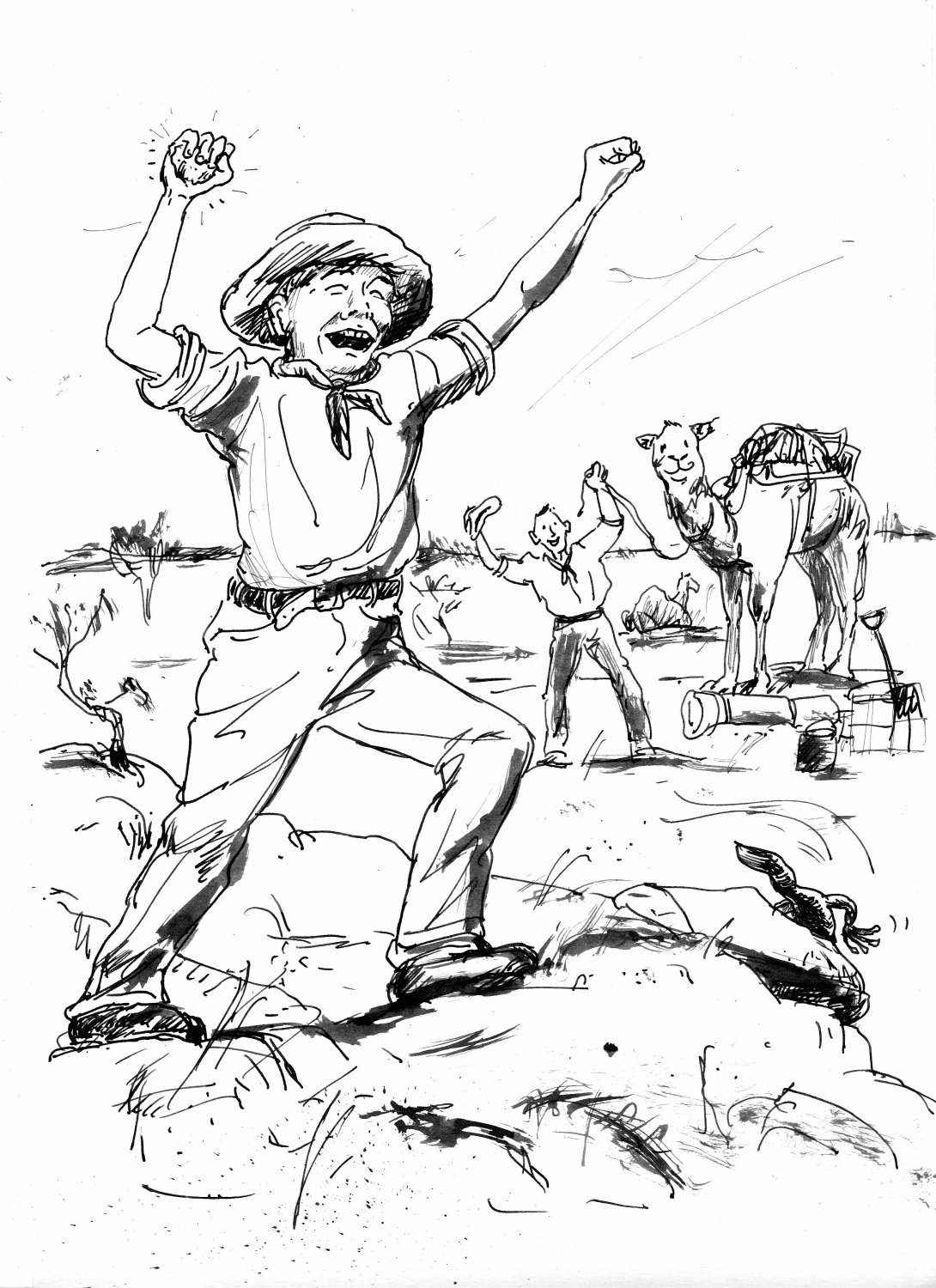Sketch of boy in the desert holding up a piece of gold and cheering. Behind him a man holding the reins of a camel is equally excited by the treasure.