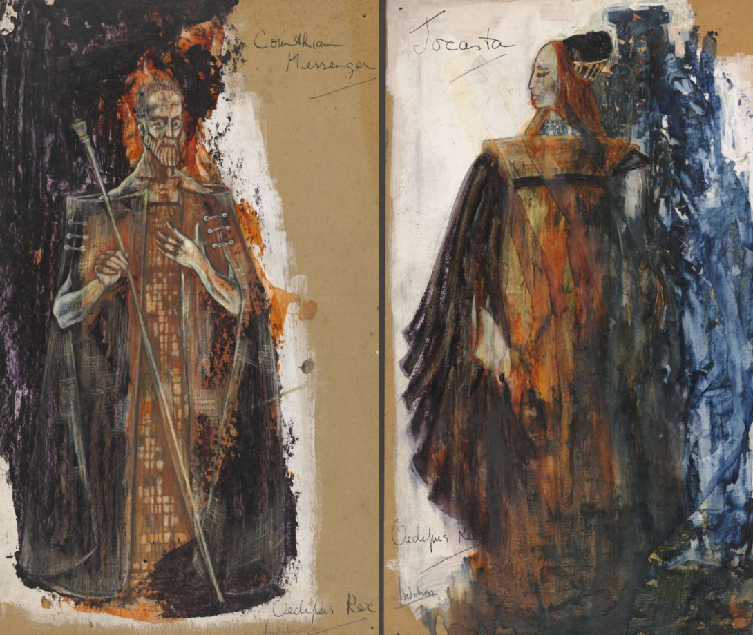 Detailed, slightly abstract sketches of costumes for a man and a woman featuring red, black and orange robes and headresses