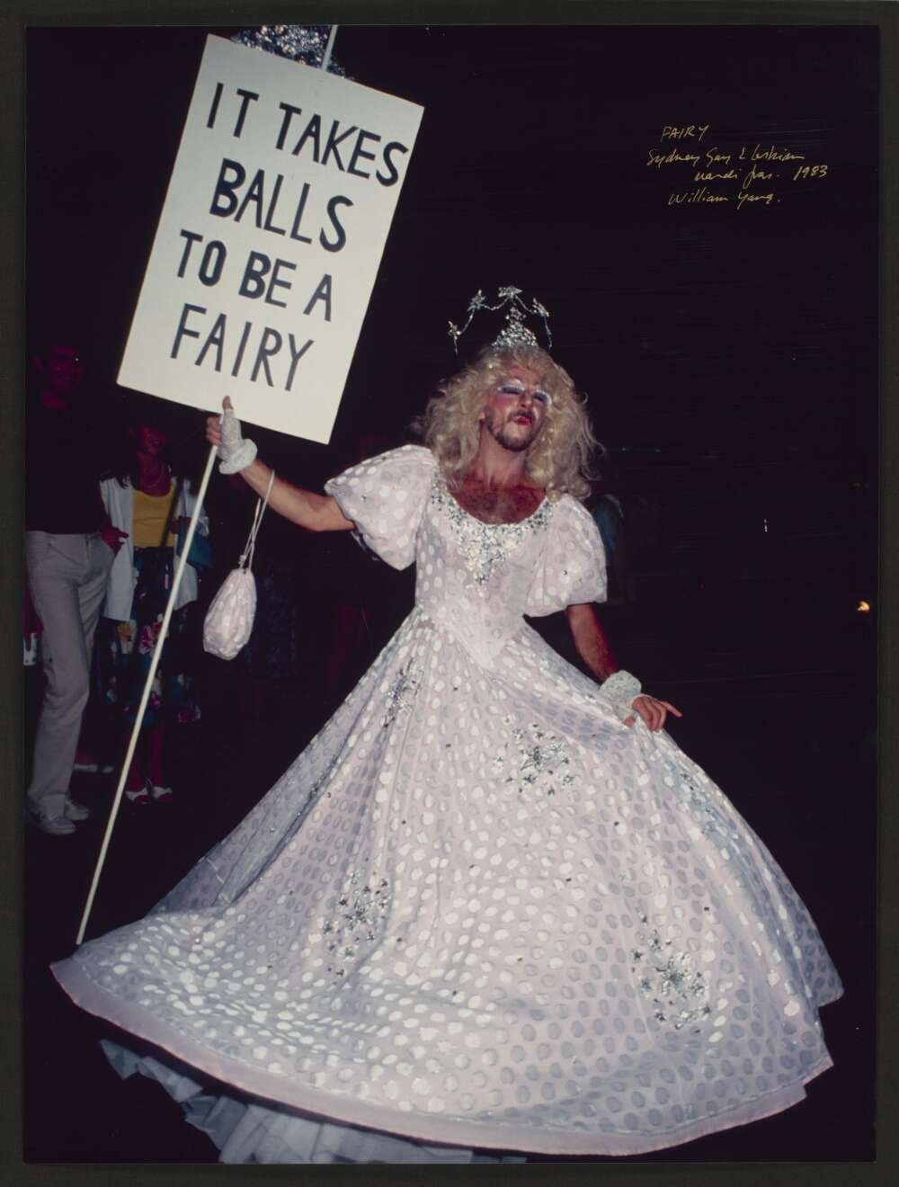 Man in a pink princess dress, blonde wig and tiara holding a sign saying 'It takes balls to be a fairy'
