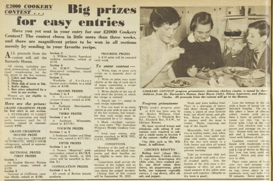 A newspaper article titled 'Big prizes for easy entries' listing the winners and prizes of a $2000 cookery contest. The article includes an image of three children eating risotto