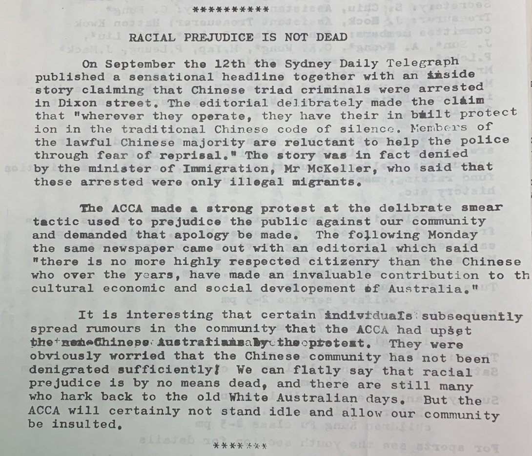 Newsletter article from 1977 titled 'Racial prejudice is not dead' discussing the negative portrayal of Chinese communities in Australia in the media and the positive impacts of these communities
