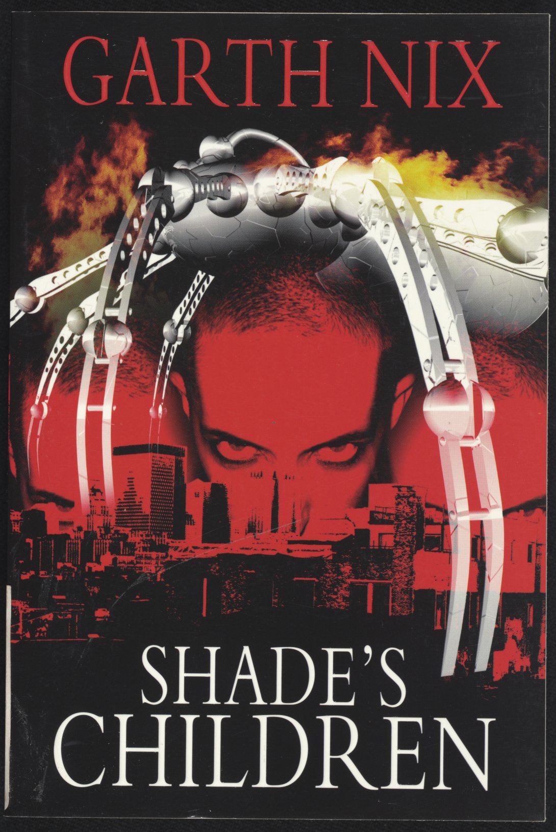 'Shade's Children' book cover, with black and red image of a person looking over a city with a robotic spider-like creature standing above them