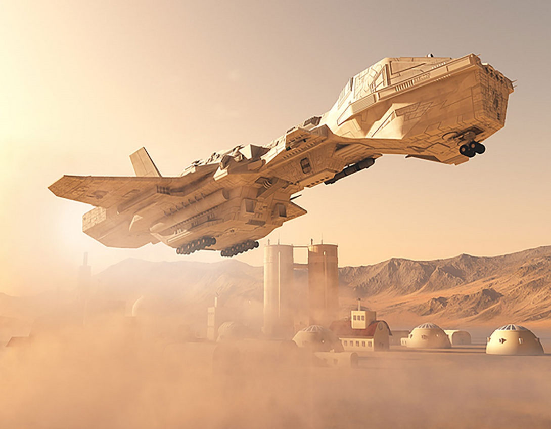 A long futuristic beige spacecraft hovering about a desert