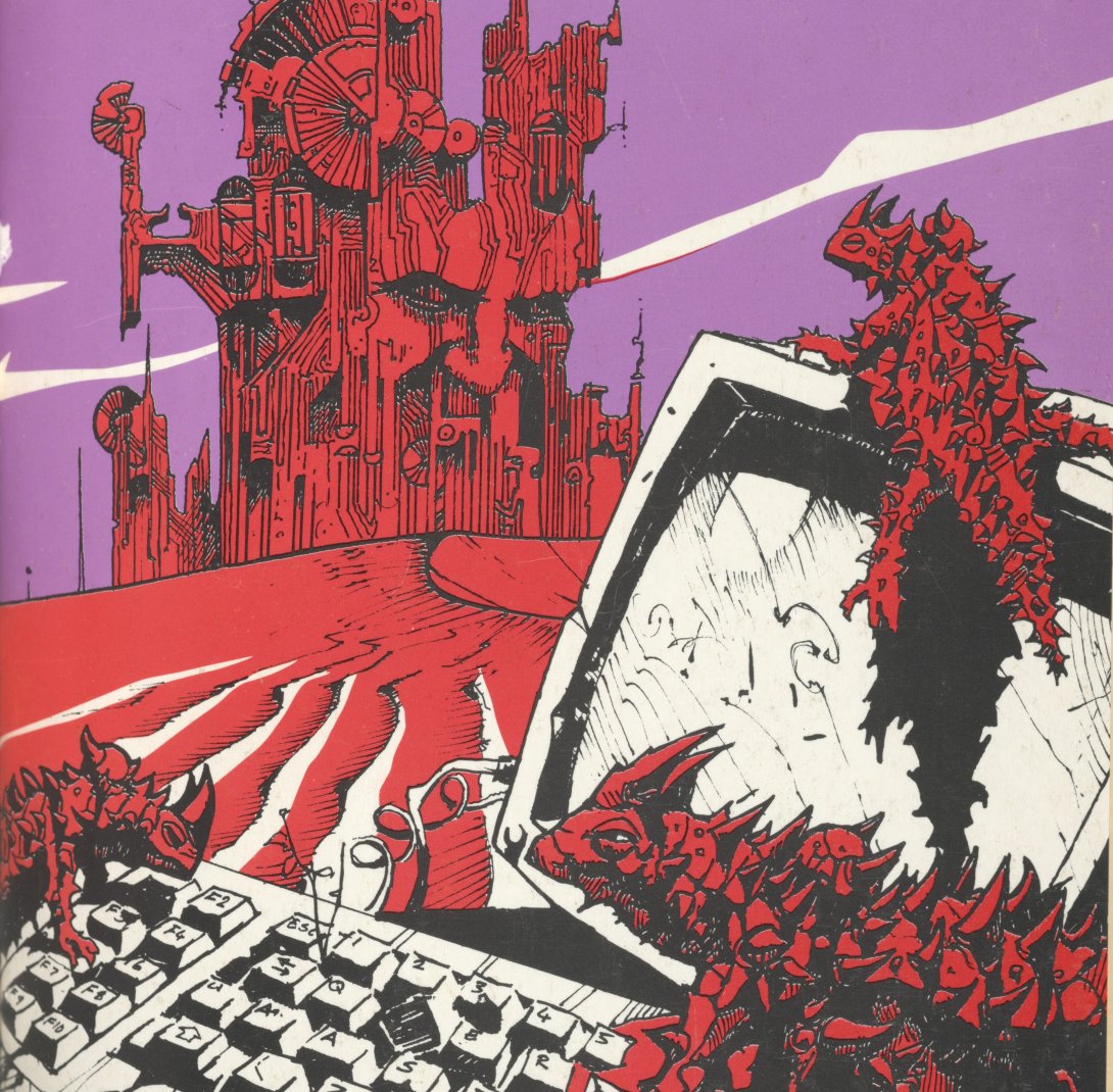 In the foreground, spiky lizards climbing a broken computer, and in the background a large imposing red structure in front of a pink sky