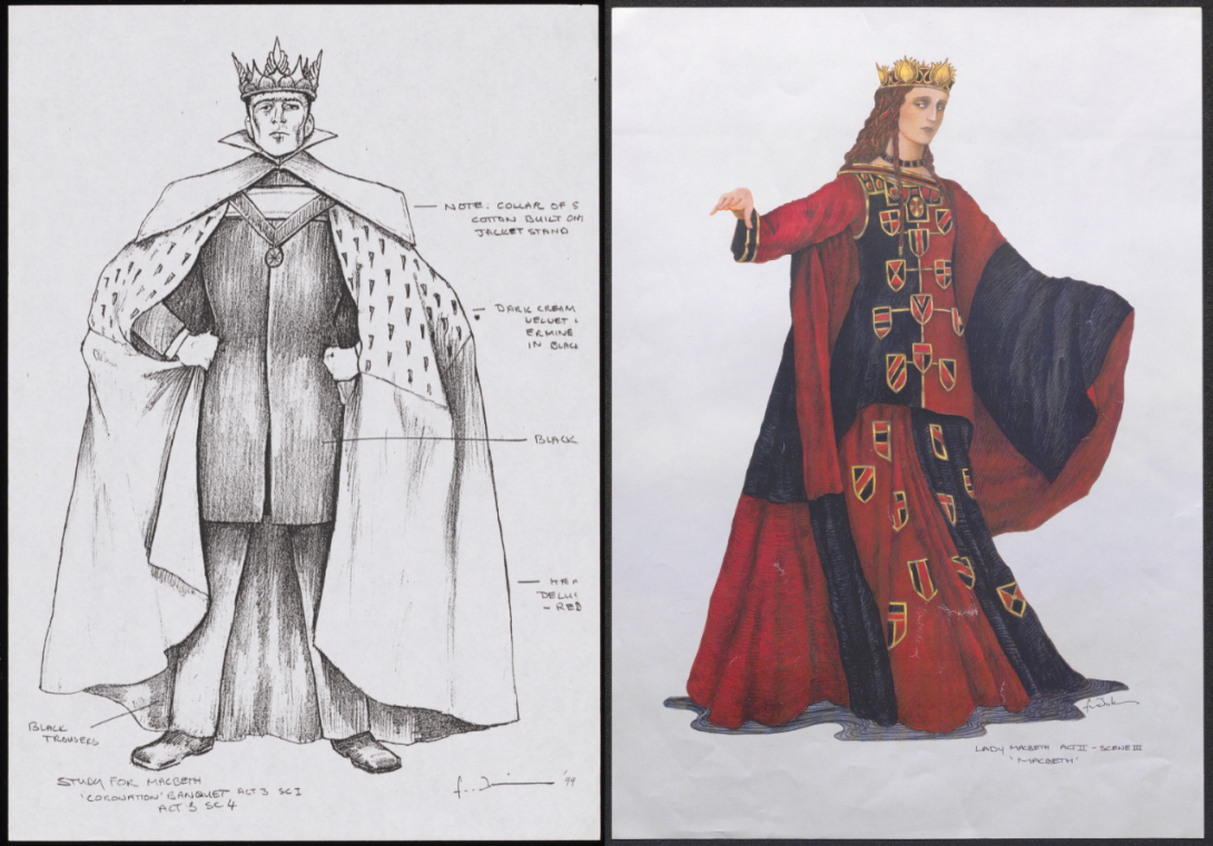 Two costume designs, one for a man the other for a woman, with annotations. The man's costume features a crown and a long cape. The woman's costume is a red and blue dress and a crown.