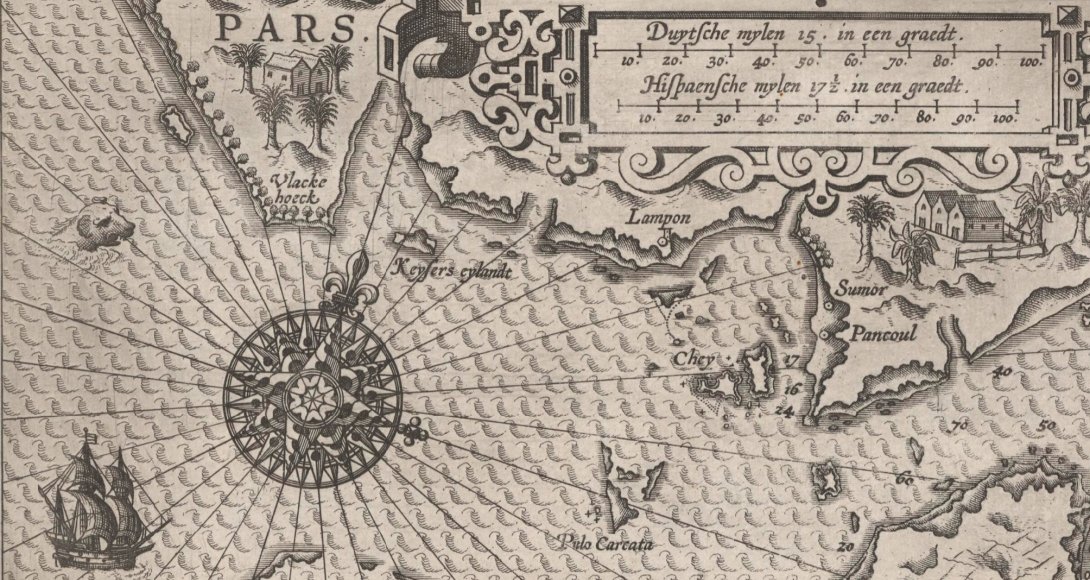 Zoomed in detail of the illustrations on a black and white map of the Sunda Strait.